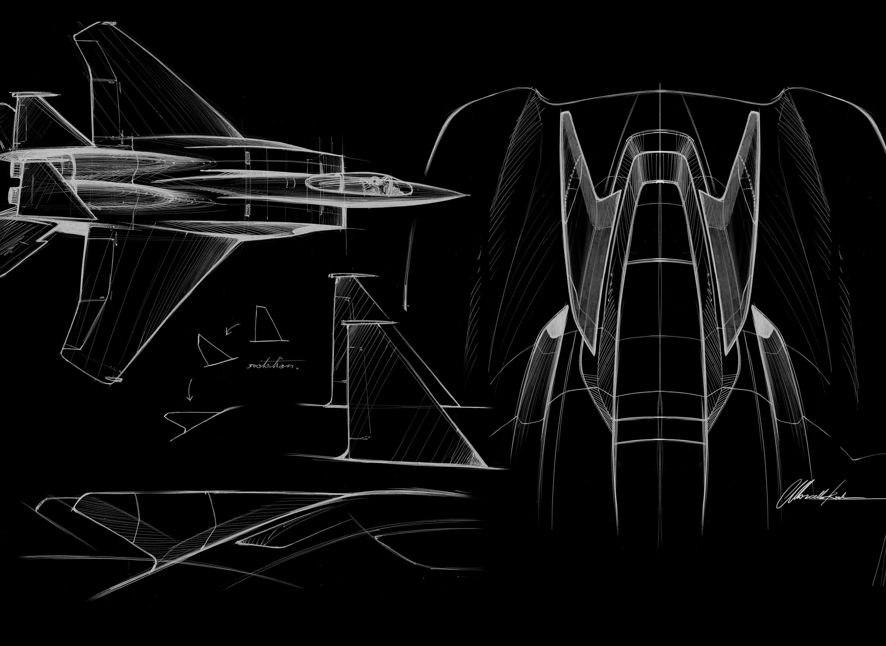 Jesko inspiration sketch alongside F15 fighter jet